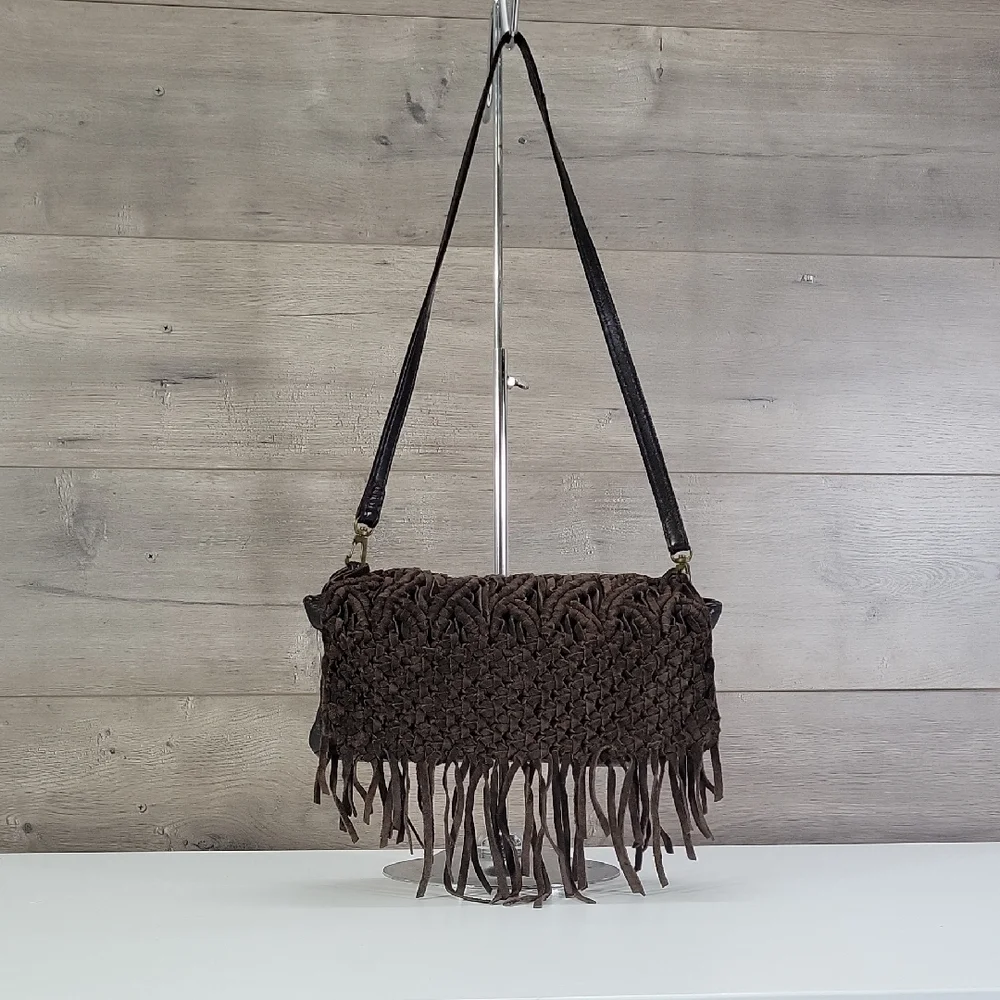 Lucky Brand Brown Woven Fringe Leather Shoulder Bag
